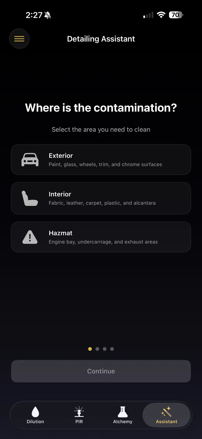 Detailing Alchemist stain removal assistant showing step-by-step guidance with product recommendations