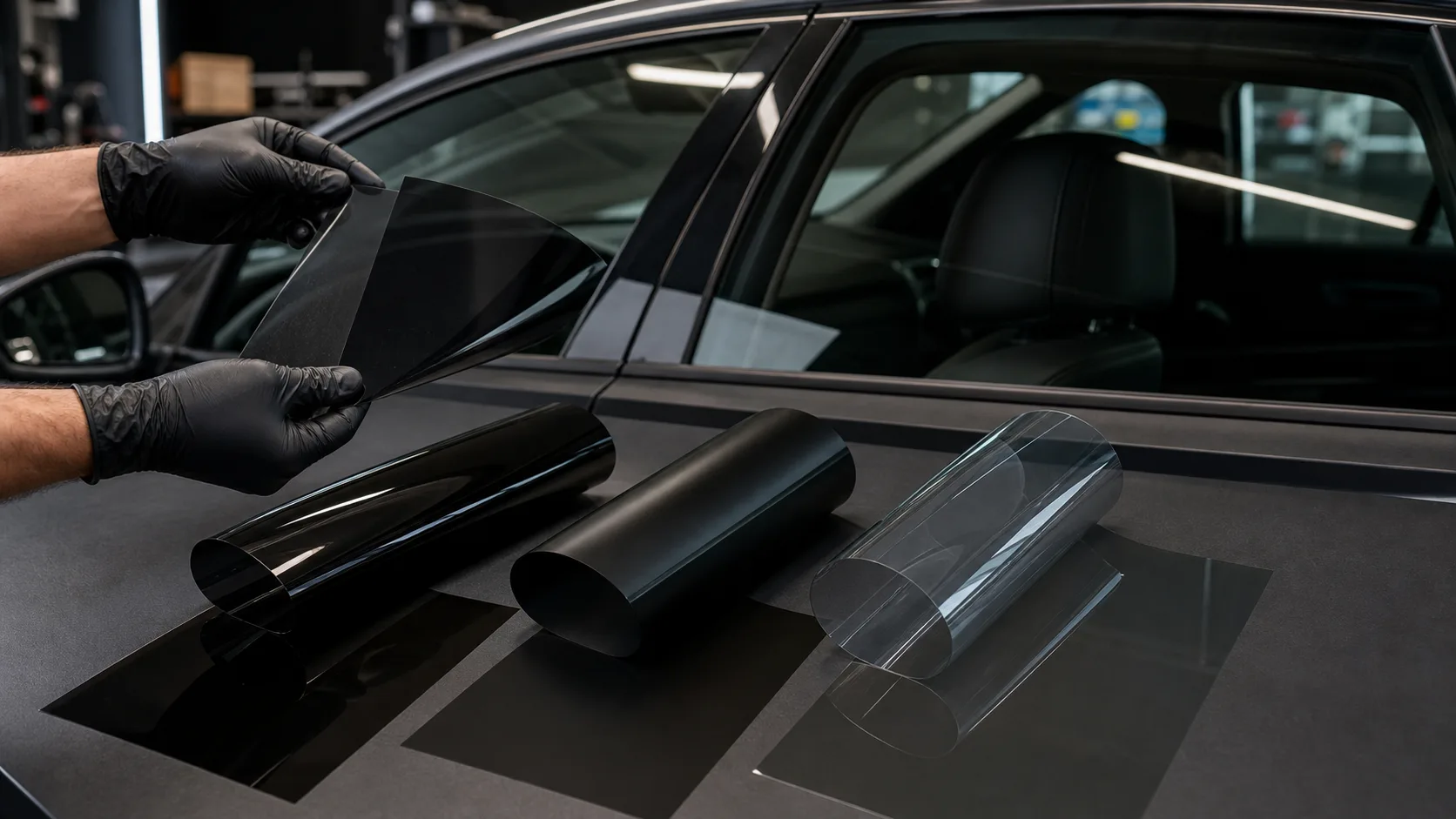 Automotive window tint film samples arranged beside a vehicle in a detailing studio