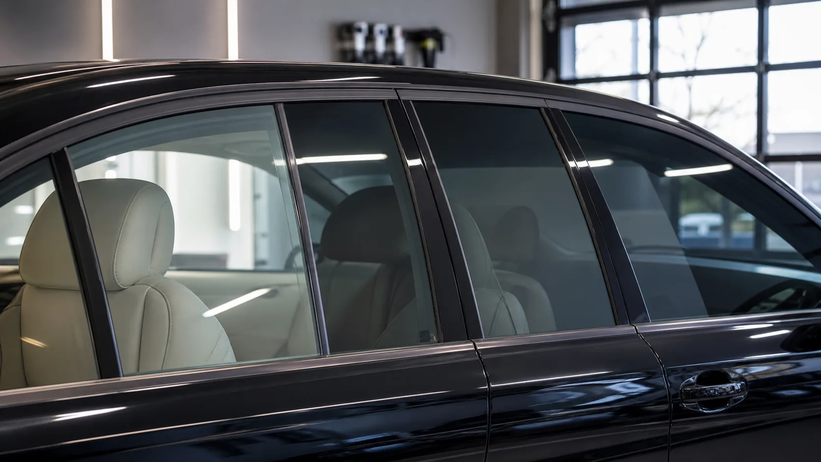 Vehicle side windows showing different tint shade levels and interior visibility