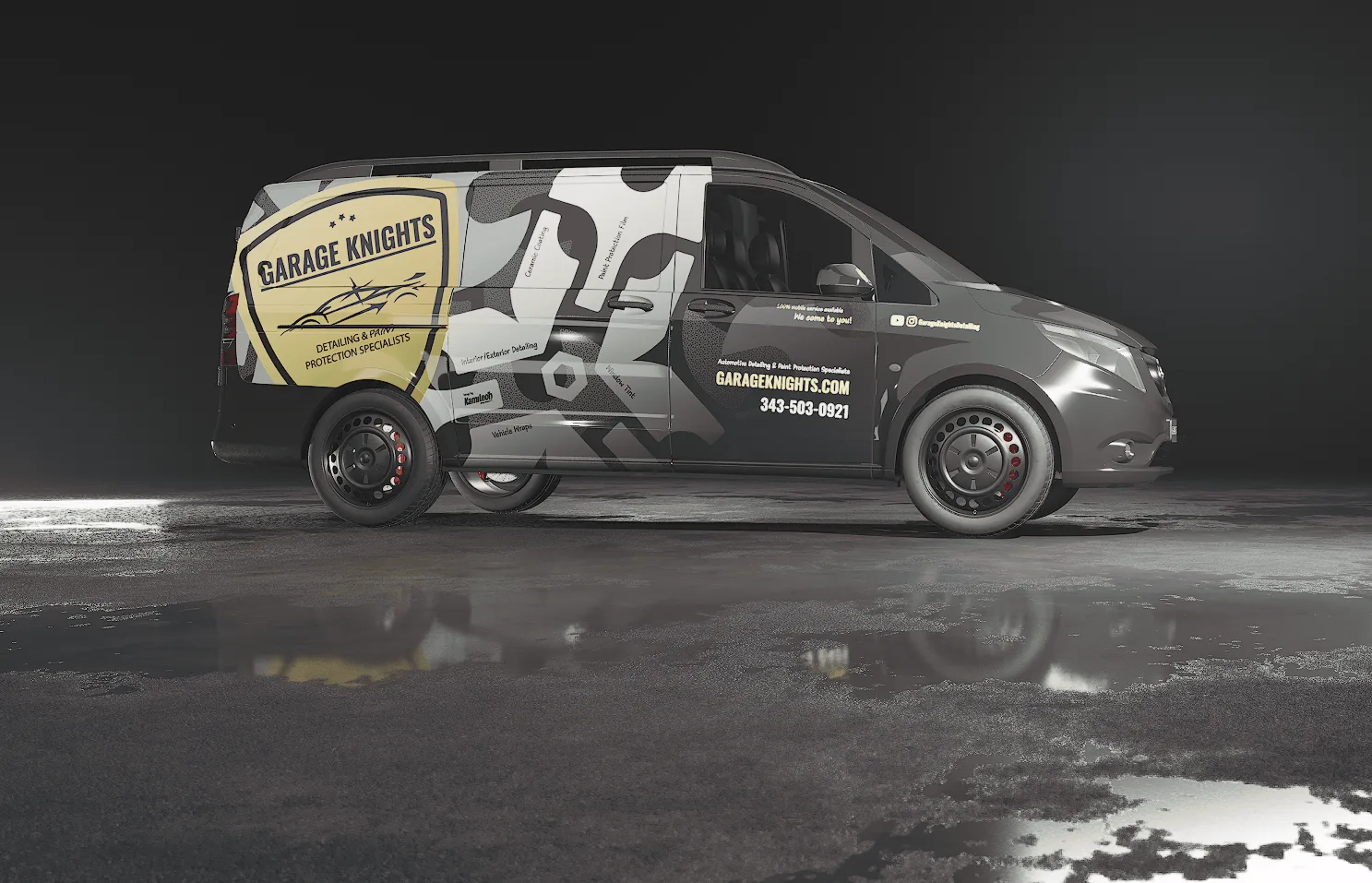 3D visualization of the Garage Knights commercial wrap mapped onto a Mercedes-Benz Metris van — photorealistic proof showing the final design from every angle before going to print