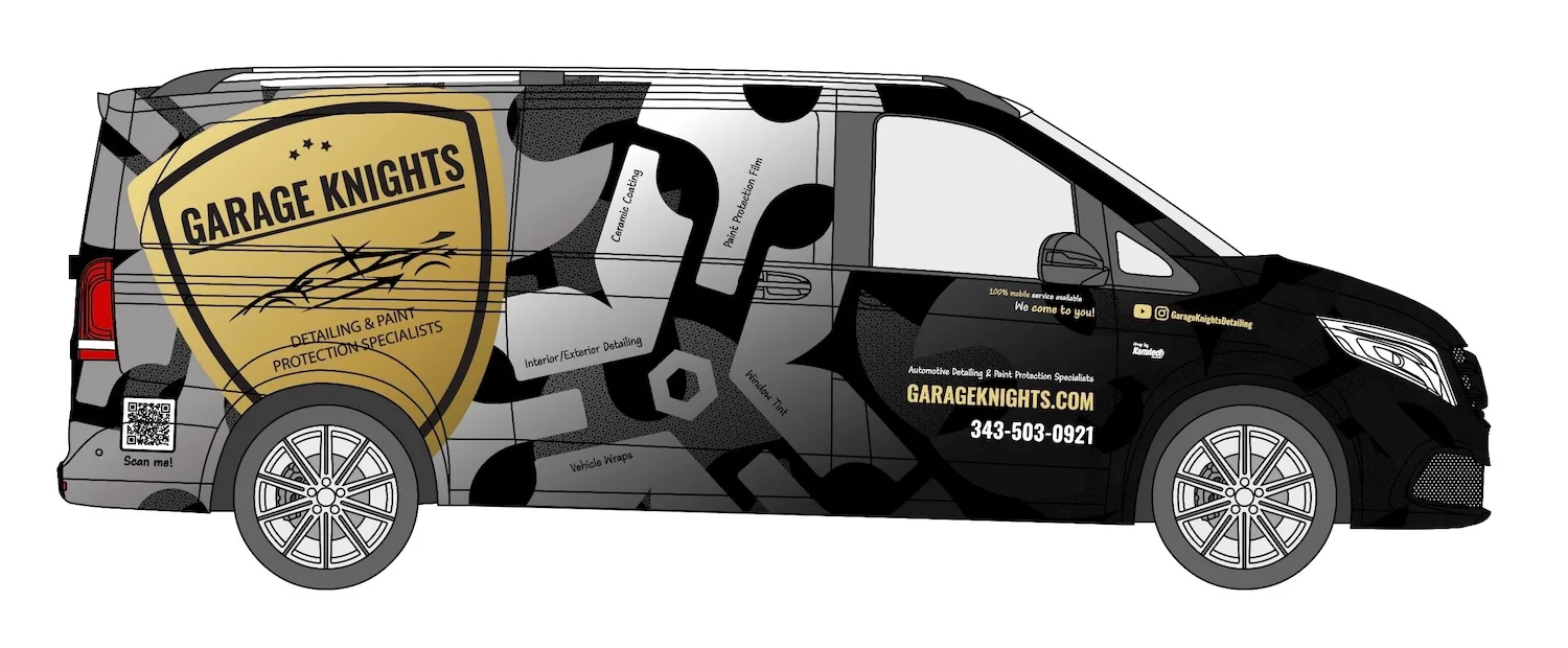 2D design proof for a full commercial vehicle wrap on a Mercedes-Benz Metris van showing Garage Knights branding, service listings, and contact details — flat layout approved by the client before going to print